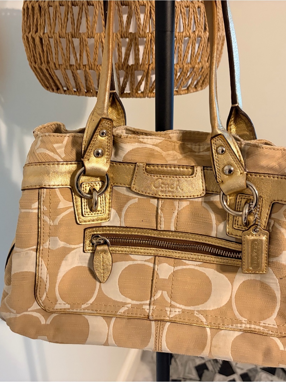 Coach Beige Signature Shoulder Bag with Gold Trim
